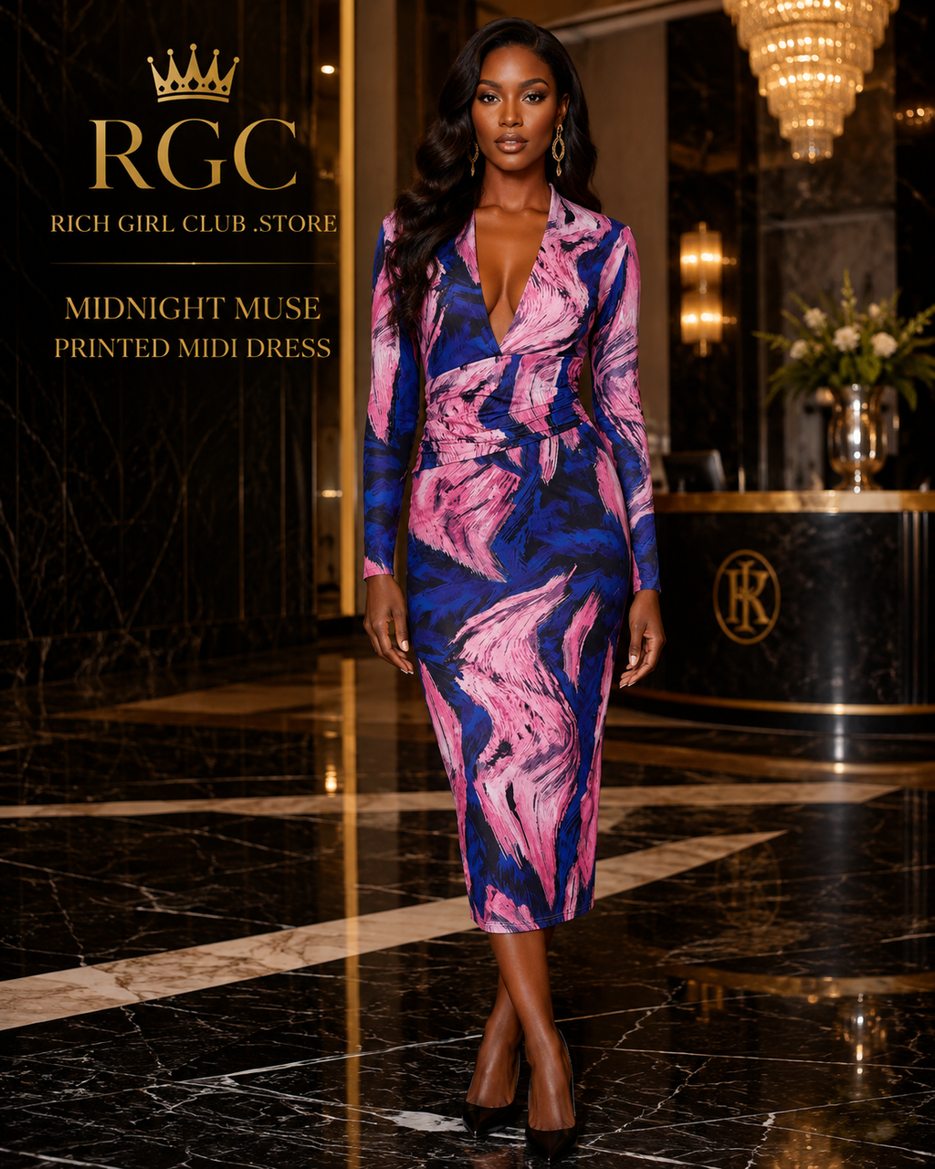 RGC campaign model wearing the purple, navy and pink Midnight Muse Printed Midi Dress in a luxury hotel