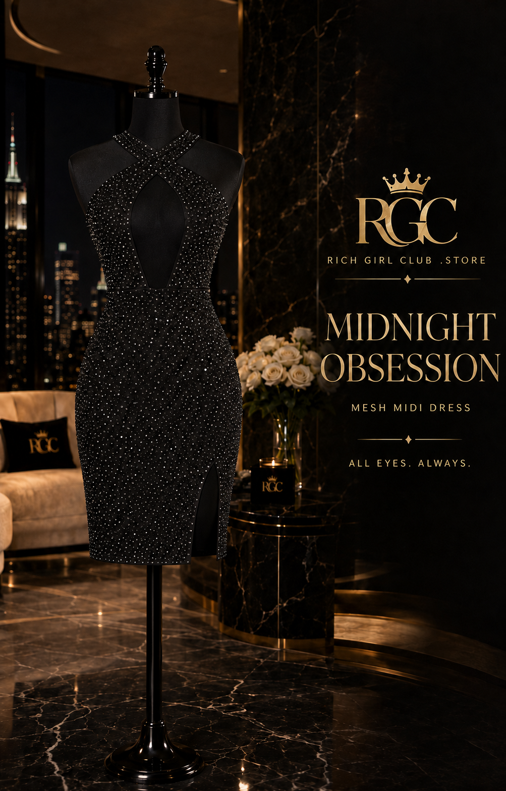Midnight Obsession Mesh Midi Dress corrected RGC hero showing the black rhinestone mesh midi dress on a mannequin