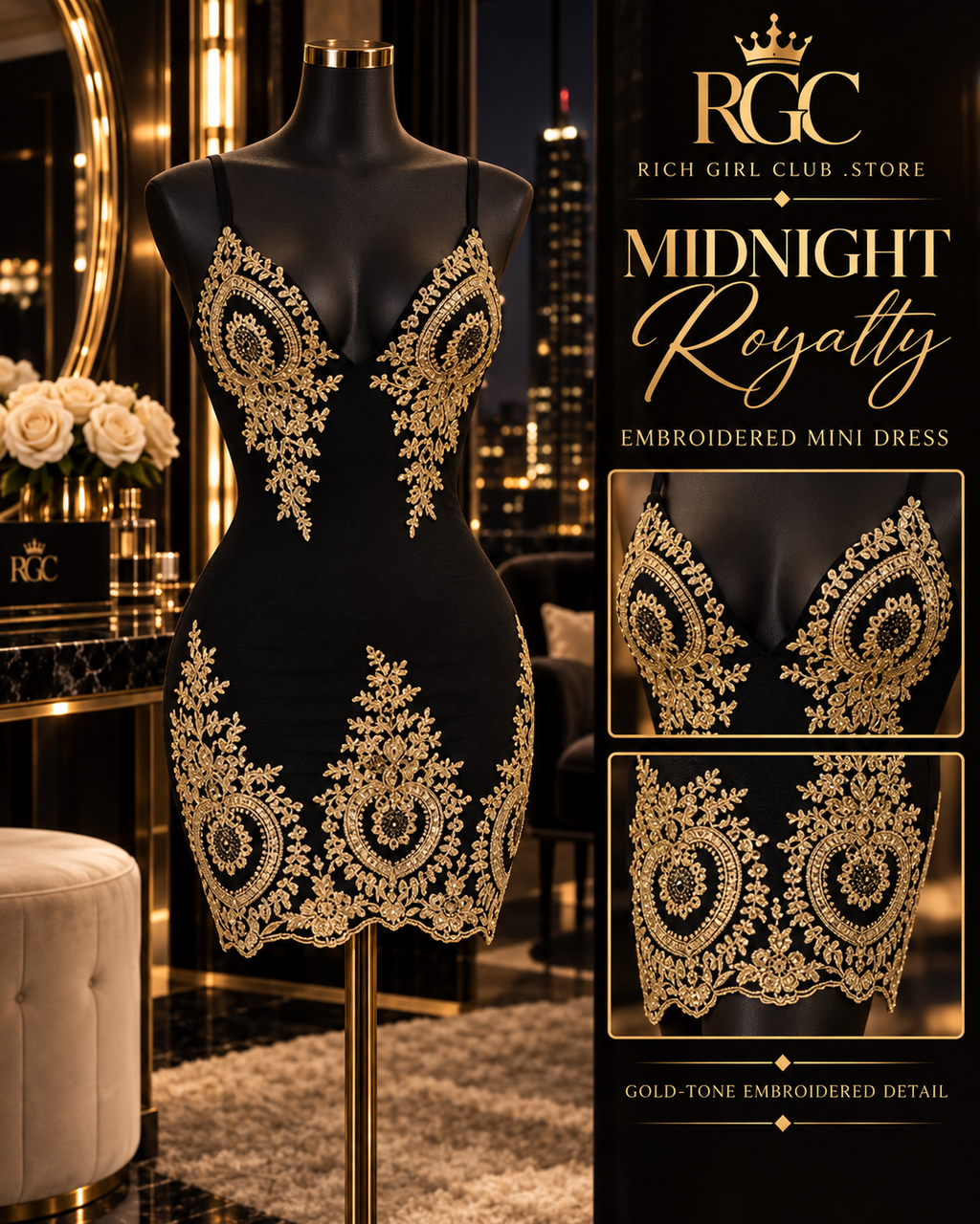 Midnight Royalty Embroidered Mini Dress mannequin detail showing black mini silhouette and ornate gold-tone embroidery