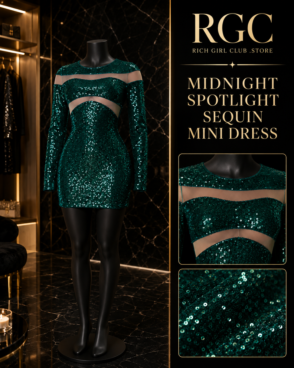 Midnight Spotlight Sequin Mini Dress in green on a mannequin showing sheer mesh panels and sequin texture