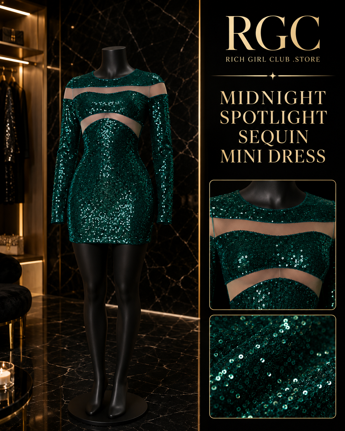 Midnight Spotlight Sequin Mini Dress in green on a mannequin showing sheer mesh panels and sequin texture