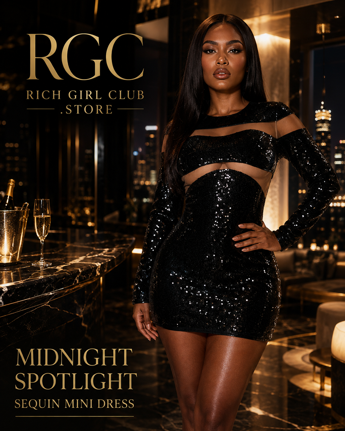 Midnight Spotlight Sequin Mini Dress in black on a confident adult model in a luxury penthouse lounge