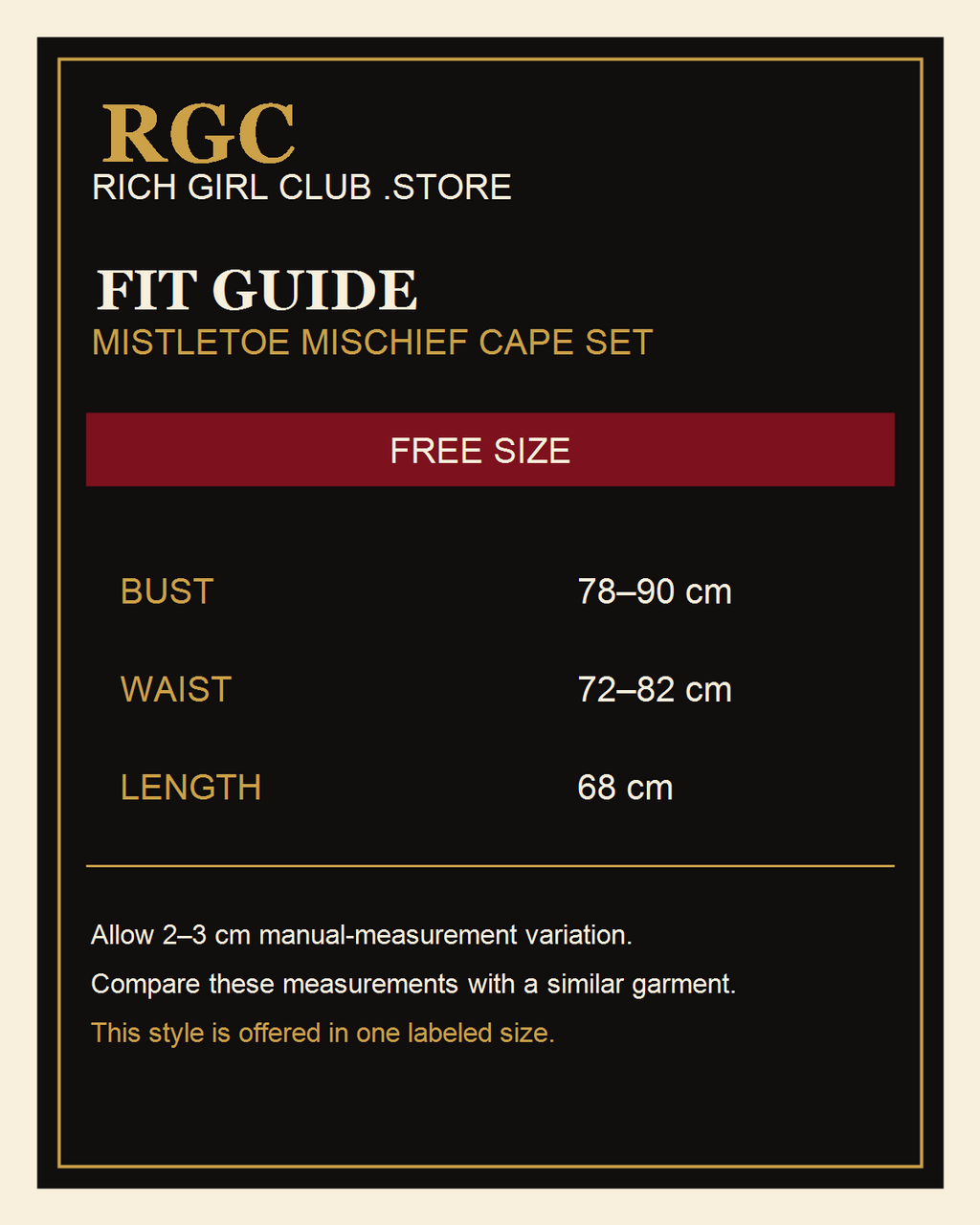 RGC Fit Guide for the Mistletoe Mischief Cape Set with verified Free Size measurements.