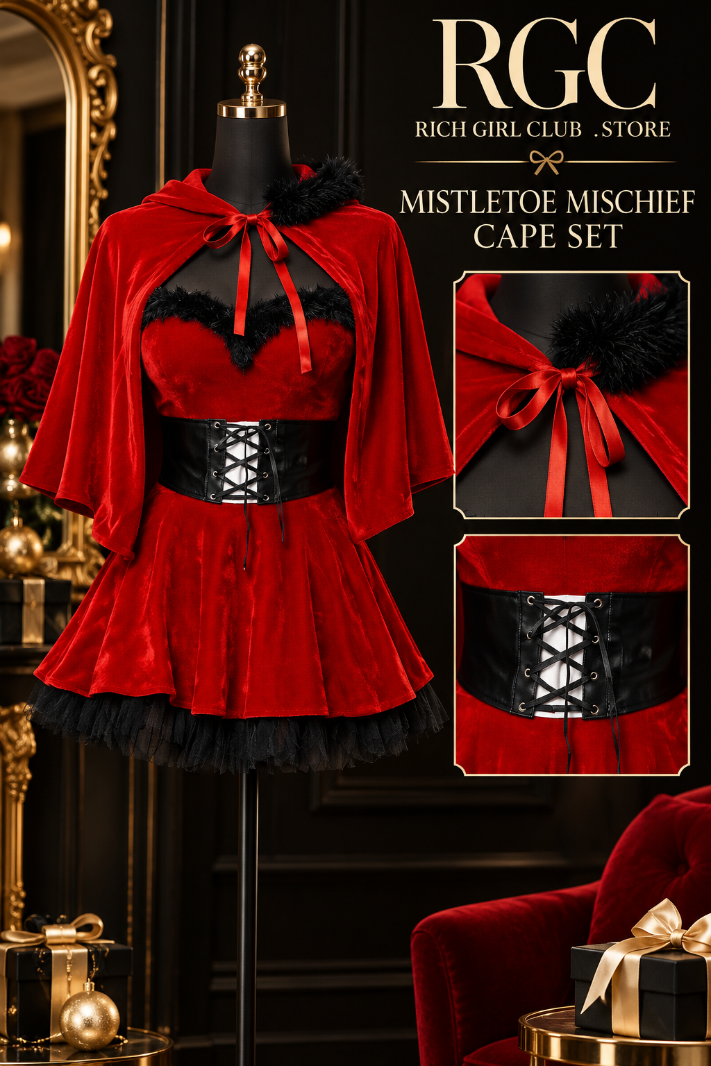 Mistletoe Mischief Cape Set on a mannequin with close views of the cape trim and lace-up waist piece.