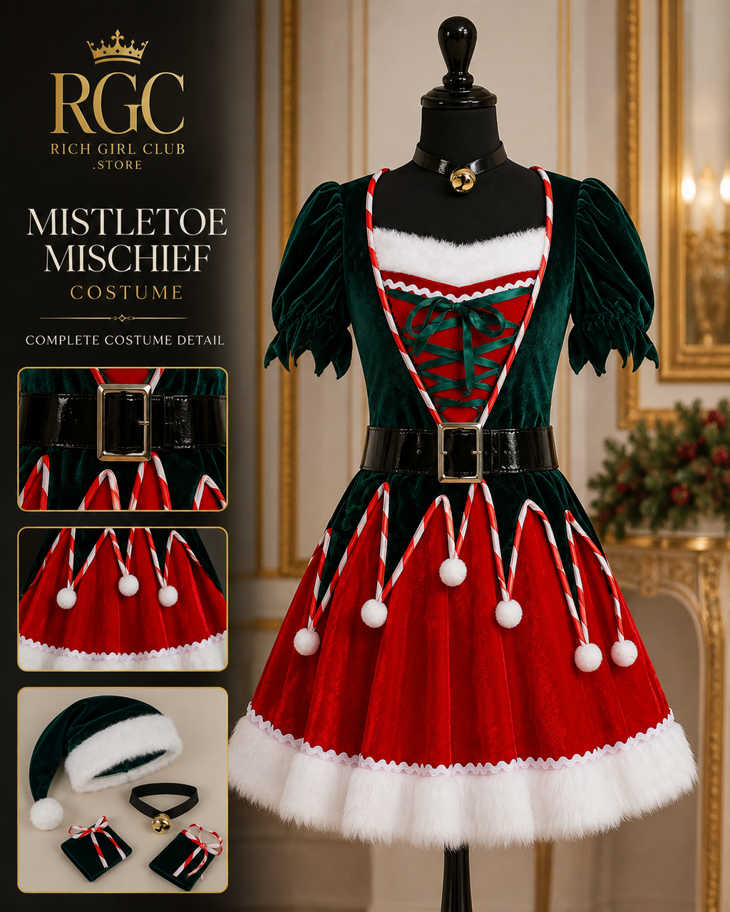 Mistletoe Mischief Costume RGC mannequin detail showing the bodice, belt, skirt panels, hat, neck ring, and hand sleeves.