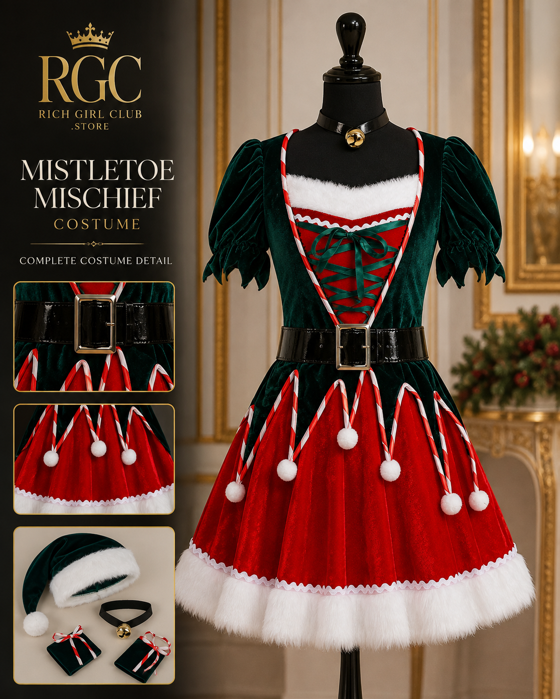 Mistletoe Mischief Costume RGC mannequin detail showing the bodice, belt, skirt panels, hat, neck ring, and hand sleeves.