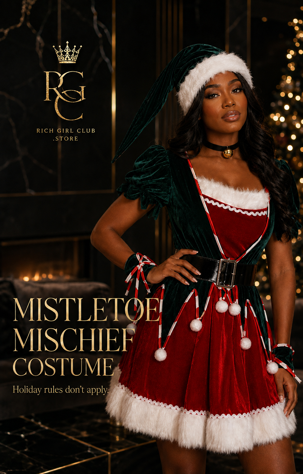 Mistletoe Mischief Costume RGC campaign featuring the exact green, red, and white Christmas stage costume.