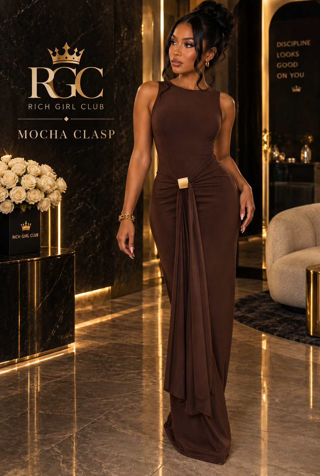 RGC campaign hero featuring the dark-brown Mocha Clasp Draped Maxi Dress with its gold-tone waist clasp and front drape.