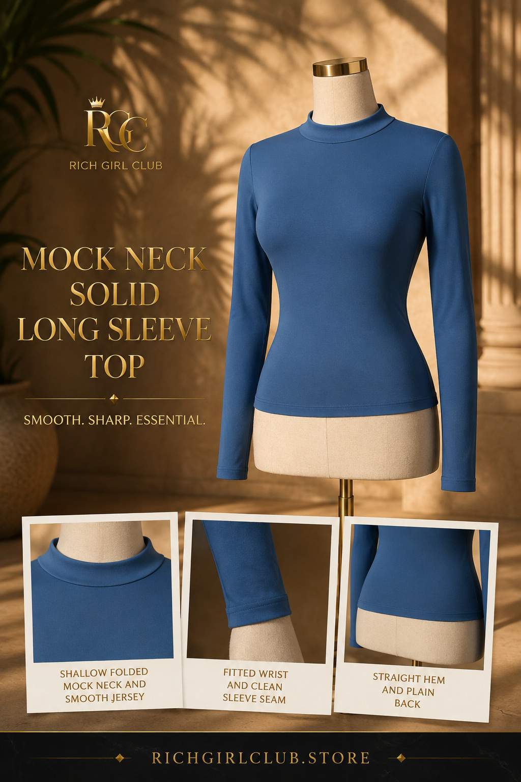 RGC mannequin detail campaign showing the Blue Haze Mock Neck Solid Long Sleeve Top, shallow neck, smooth jersey, wrist cuffs, and straight hem