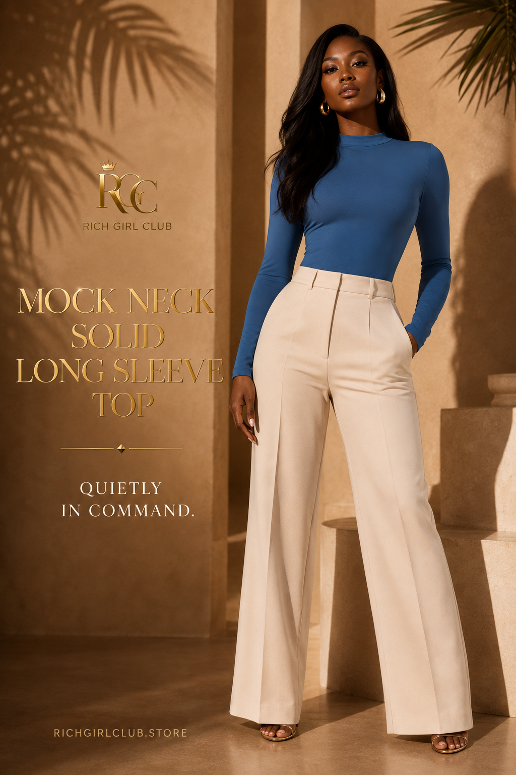 RGC campaign model wearing the Blue Haze Mock Neck Solid Long Sleeve Top with cream tailored trousers