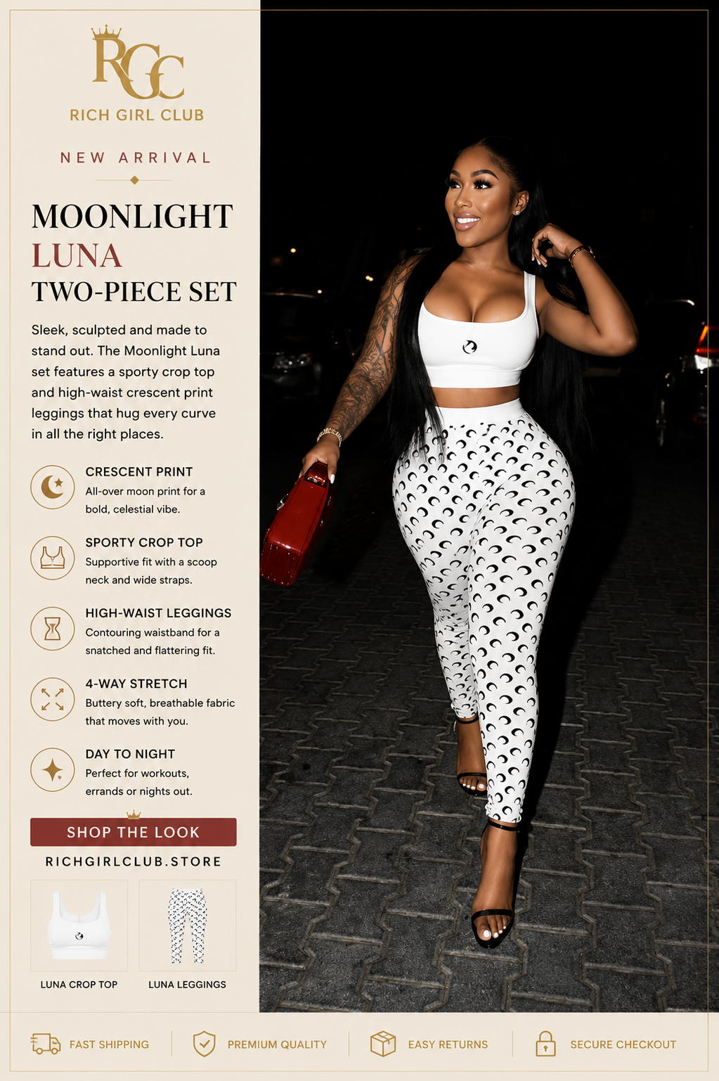 Moonchild Activewear Two-Piece Set - New Arrival lifestyle ad photo, white crescent moon print leggings and crop top