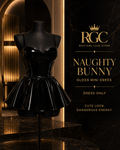 Naughty Bunny Gloss Mini Dress RGC hero showing the black glossy corset-inspired mini dress on a mannequin; dress only