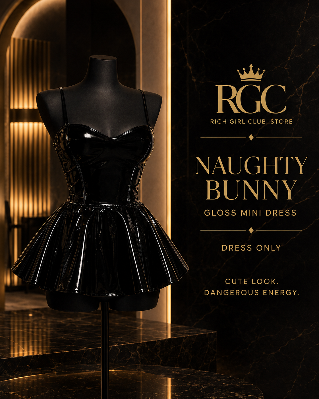 Naughty Bunny Gloss Mini Dress RGC hero showing the black glossy corset-inspired mini dress on a mannequin; dress only