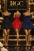 RGC No Guest List Mini Dress on three bronze Viper mannequins in Black, Red, and Navy Blue, including the Red corset-laced back.