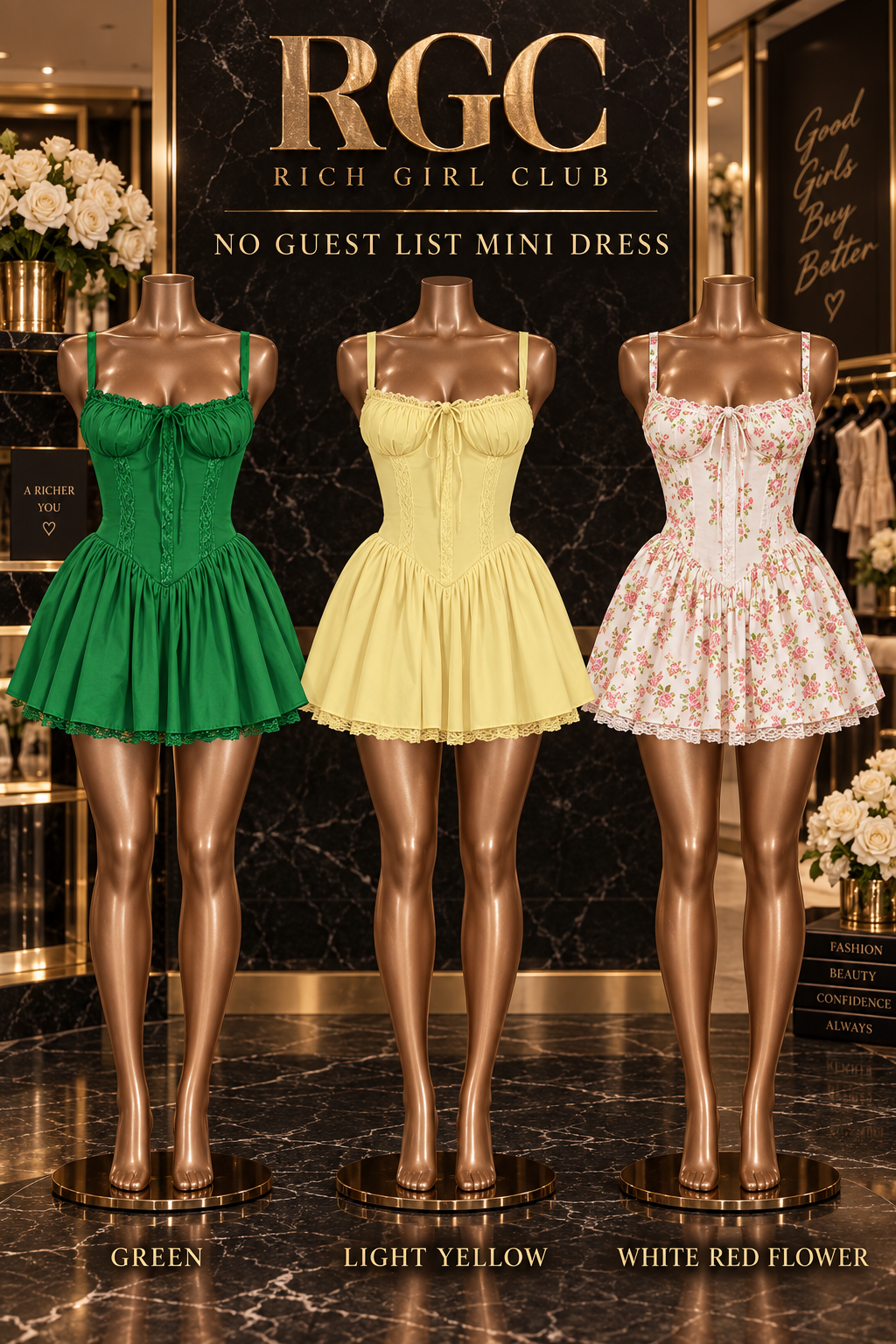 RGC No Guest List Mini Dress on three bronze Viper mannequins in Green, Light Yellow, and White Red Flower.