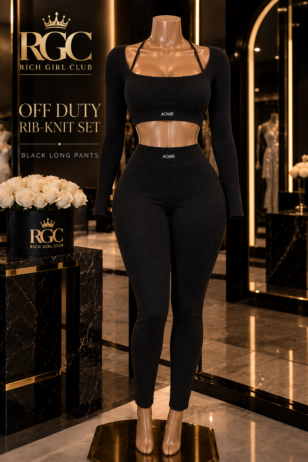 Off Duty black rib-knit crop top and long pants on the signature curvy RGC mannequin