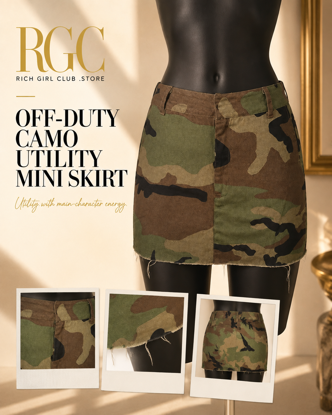 Off-Duty Camo Utility Mini Skirt RGC mannequin detail board showing waistband, pockets, raw hem and back