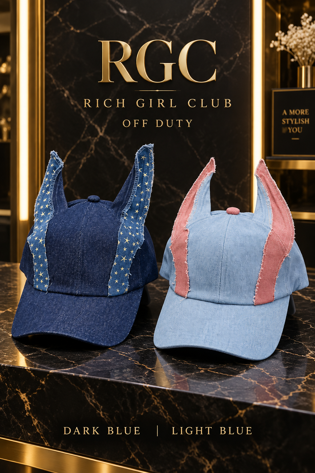 Off Duty Dark Blue and Light Blue denim caps by Rich Girl Club shown together with curved brims and tall raw-edge fabric ears.