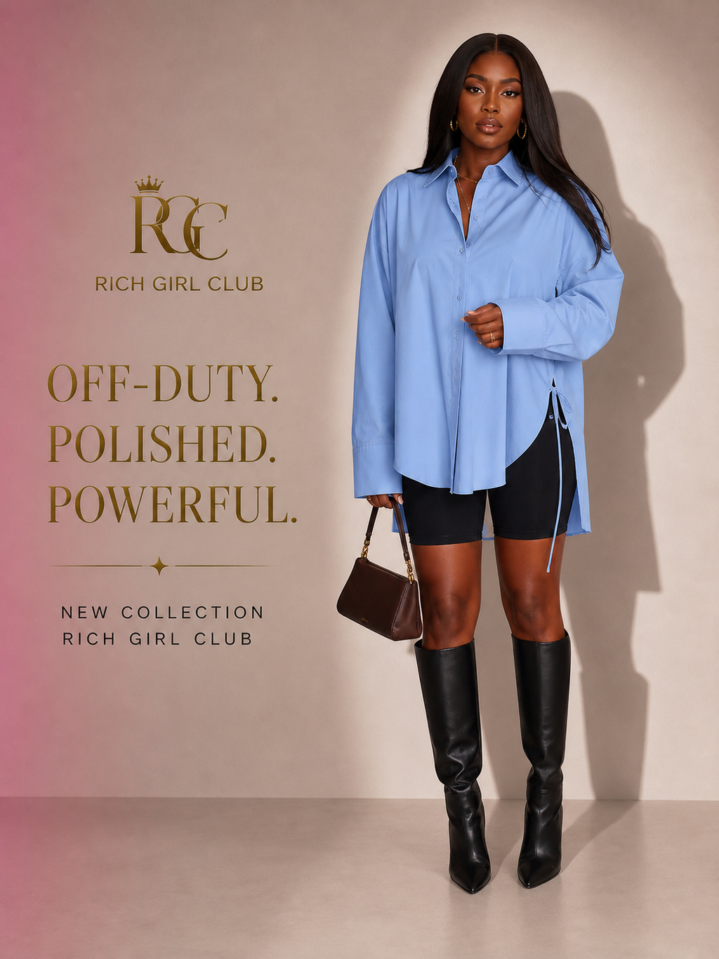 Off-Duty Luxe Drop-Shoulder Shirt Rich Girl Club editorial campaign