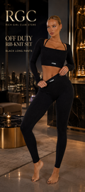 Off Duty Rib-Knit Set RGC adult-model campaign hero showing the black long-pants option.