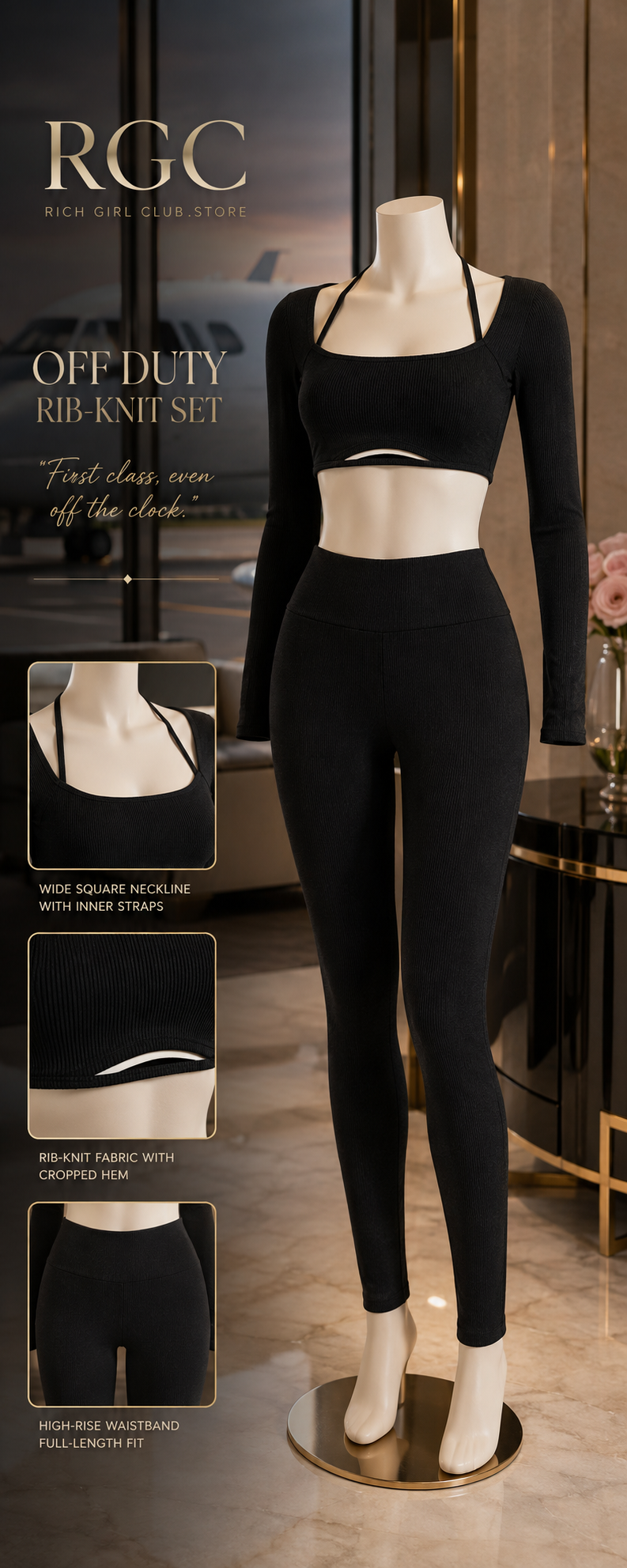 Off Duty Rib-Knit Set RGC mannequin detail showing the black long-sleeve crop top and high-rise fitted pants.