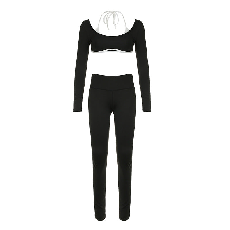 Black long-sleeve crop top and matching long pants, product-only front view