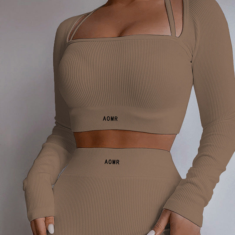 Taupe rib-knit crop top and pants, close front lifestyle view