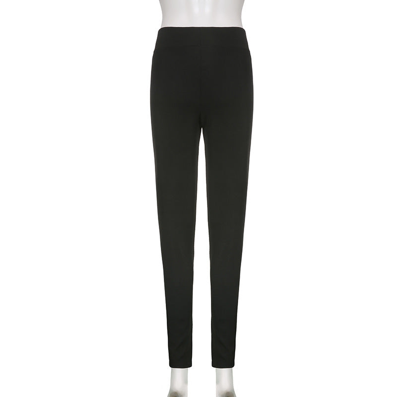 Black high-rise long pants on mannequin, front view