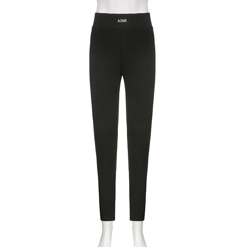 Black high-rise long pants on mannequin, full front view