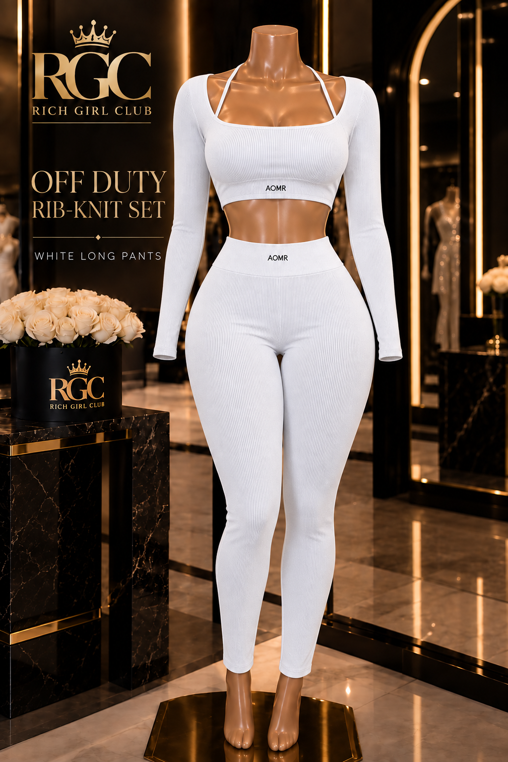 Off Duty white rib-knit crop top and long pants on the signature curvy RGC mannequin