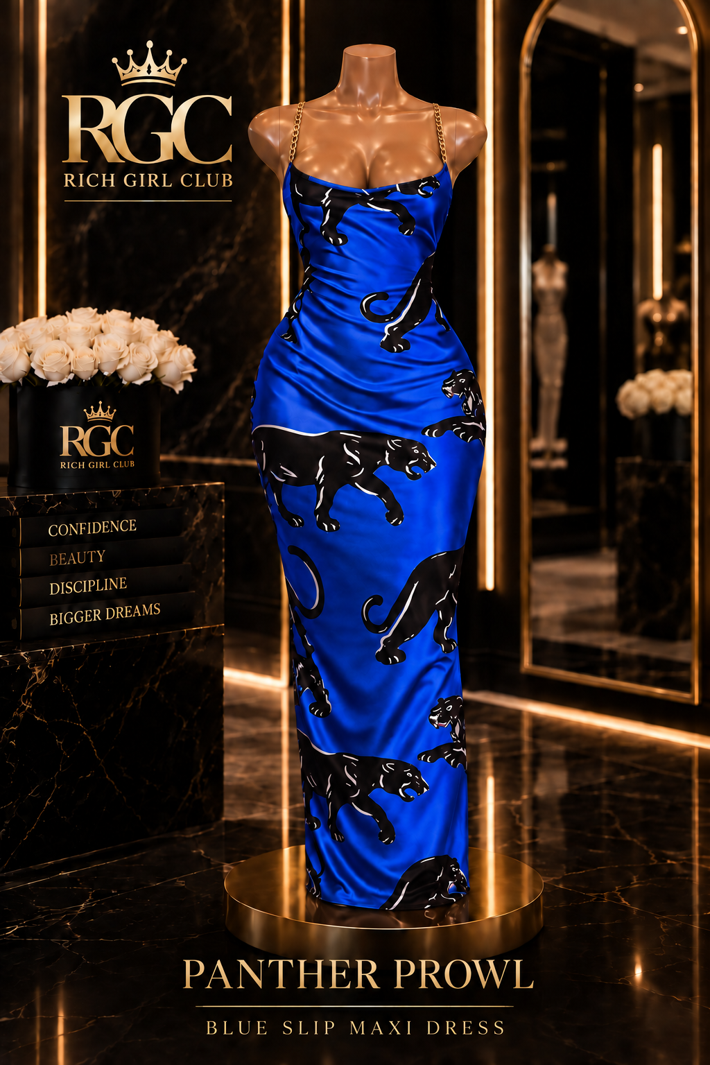 Panther Prowl blue slip maxi dress displayed on the signature curvy RGC mannequin