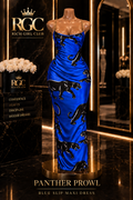 Panther Prowl blue slip maxi dress displayed on the signature curvy RGC mannequin