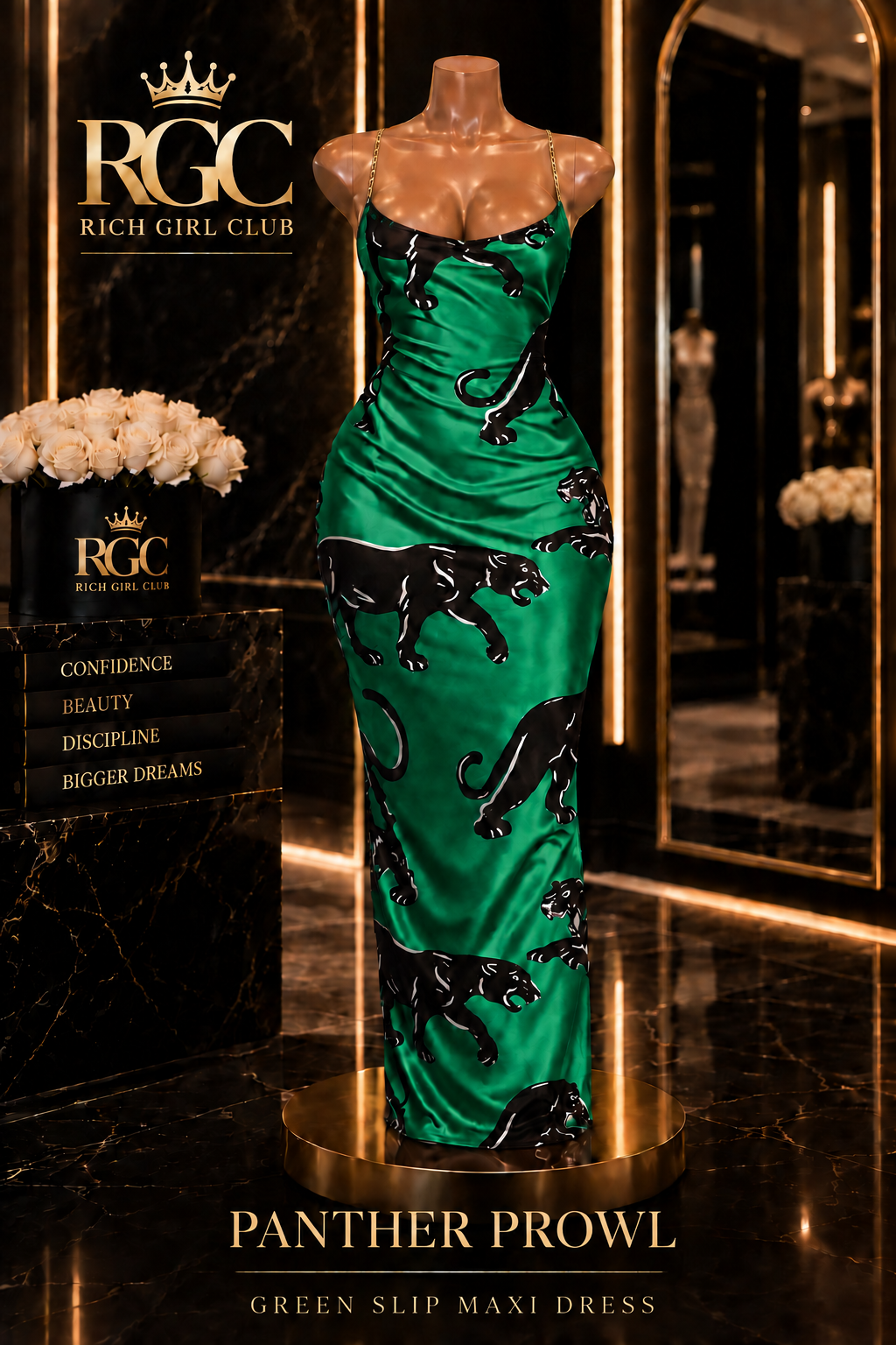 Panther Prowl green slip maxi dress displayed on the signature curvy RGC mannequin