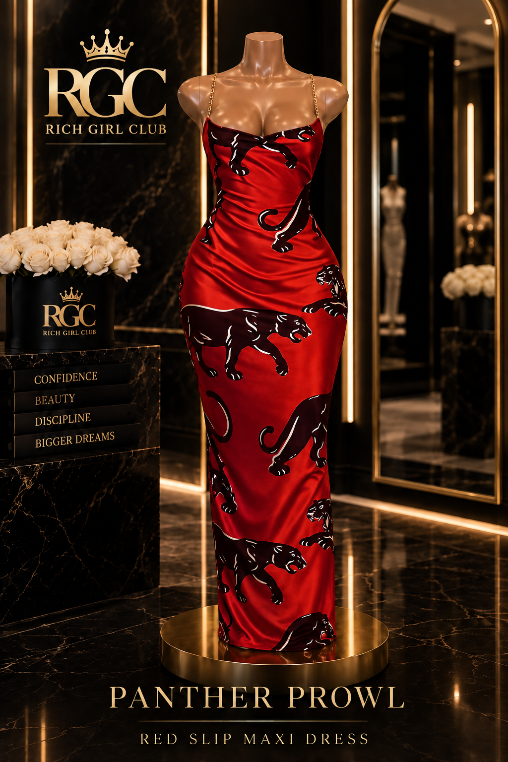 Panther Prowl red slip maxi dress displayed on the signature curvy RGC mannequin