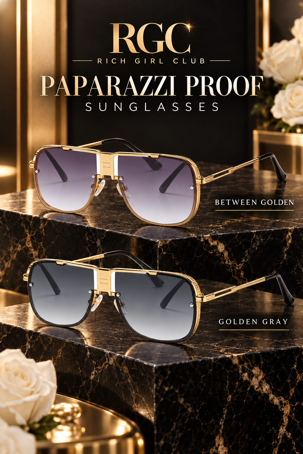 RGC Paparazzi Proof Sunglasses in Between Golden and Golden Gray finishes.