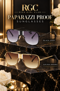 RGC Paparazzi Proof Sunglasses in Black Gray and Golden Brown on black marble boutique risers.