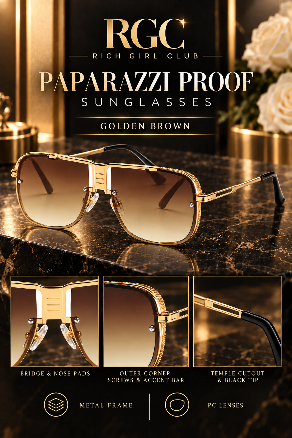 Golden Brown RGC Paparazzi Proof Sunglasses with bridge, corner screw, accent bar, temple cutout, and nose-pad details.