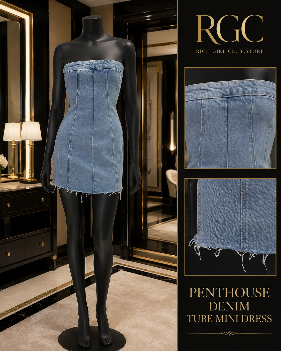 Penthouse Denim Tube Mini Dress mannequin showing seam panels and frayed hem