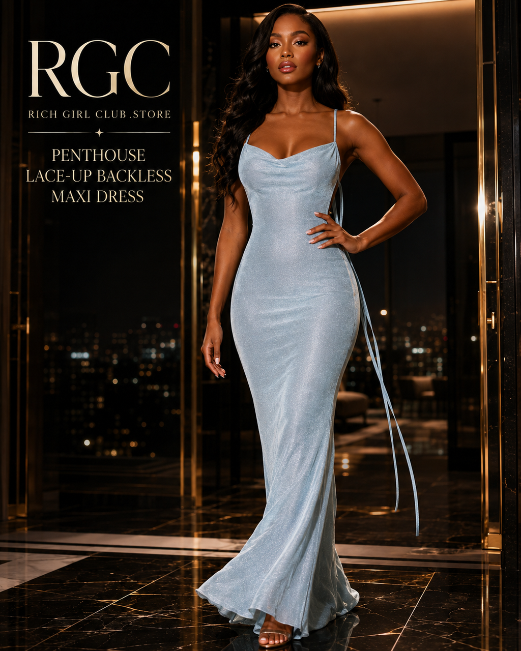Penthouse Lace-Up Backless Maxi Dress in light blue on a confident adult model entering a luxury penthouse