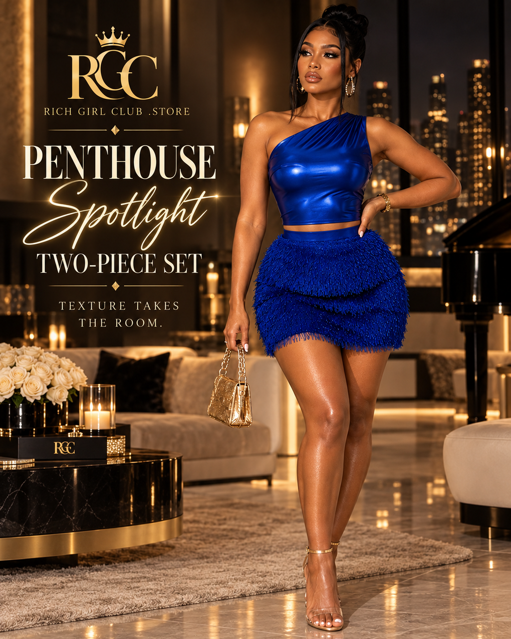 RGC Penthouse Spotlight Two-Piece Set campaign showing blue asymmetric sleeveless top and separate textured mini skirt