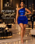 RGC Penthouse Spotlight Two-Piece Set campaign showing blue asymmetric sleeveless top and separate textured mini skirt