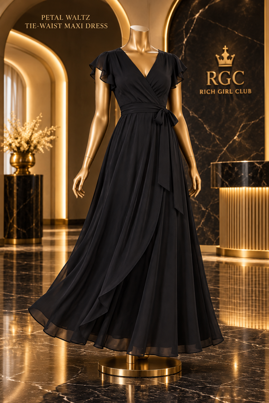 Petal Waltz black tie-waist maxi dress with V-surplice neckline, flutter sleeves, and flowing A-line skirt