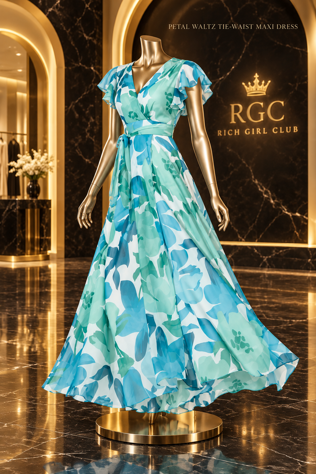 Petal Waltz light blue botanical tie-waist maxi dress with flutter sleeves and flowing A-line skirt