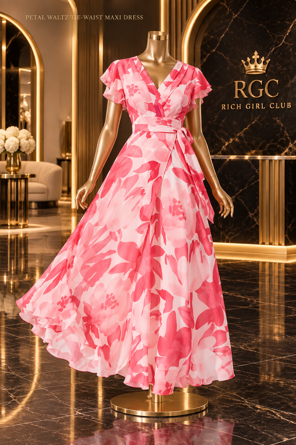 Petal Waltz peach botanical tie-waist maxi dress with V-surplice bodice and flowing A-line skirt