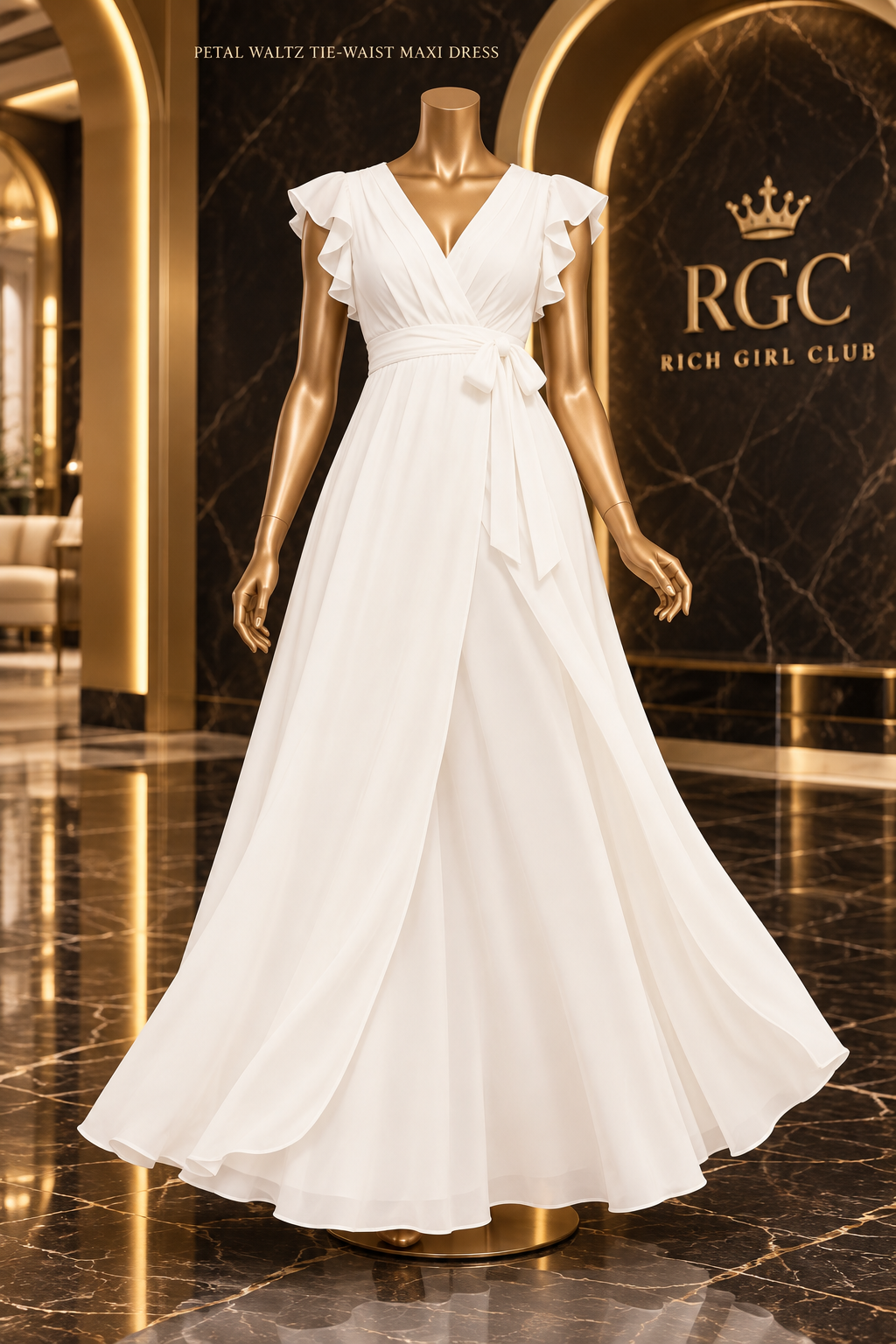 Petal Waltz white tie-waist maxi dress with layered flutter sleeves and flowing A-line skirt