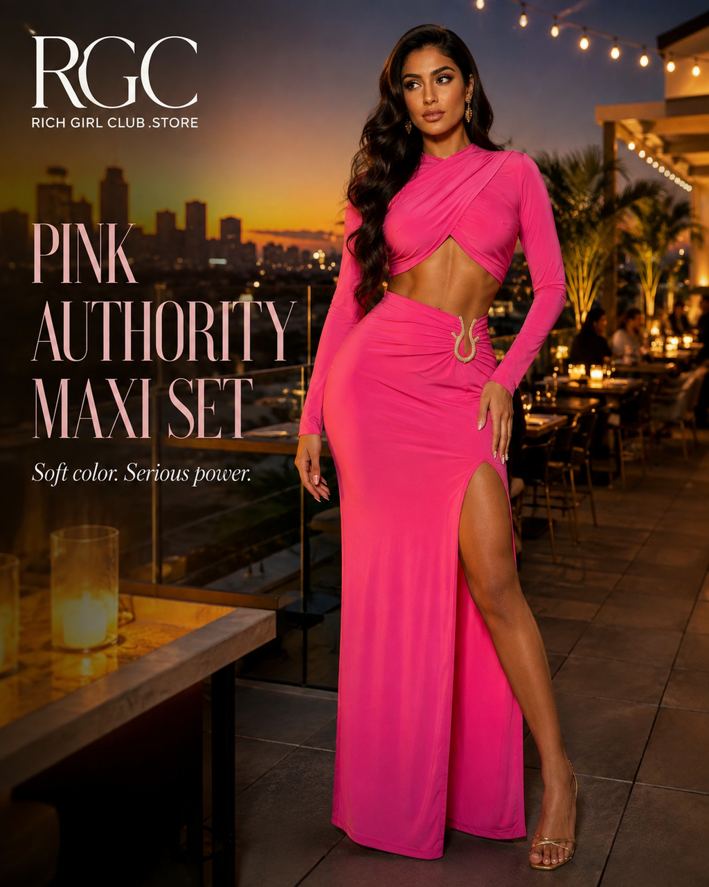 Pink Authority Maxi Set RGC campaign model wearing bubblegum pink crossover crop top and high-slit maxi skirt