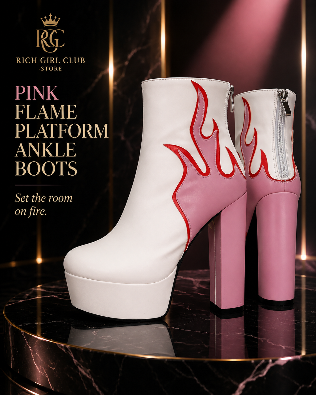 RGC campaign close-up of Pink Flame Platform Ankle Boots in white with pink flame appliqué, red trim, platform soles, block heels, and back zippers.