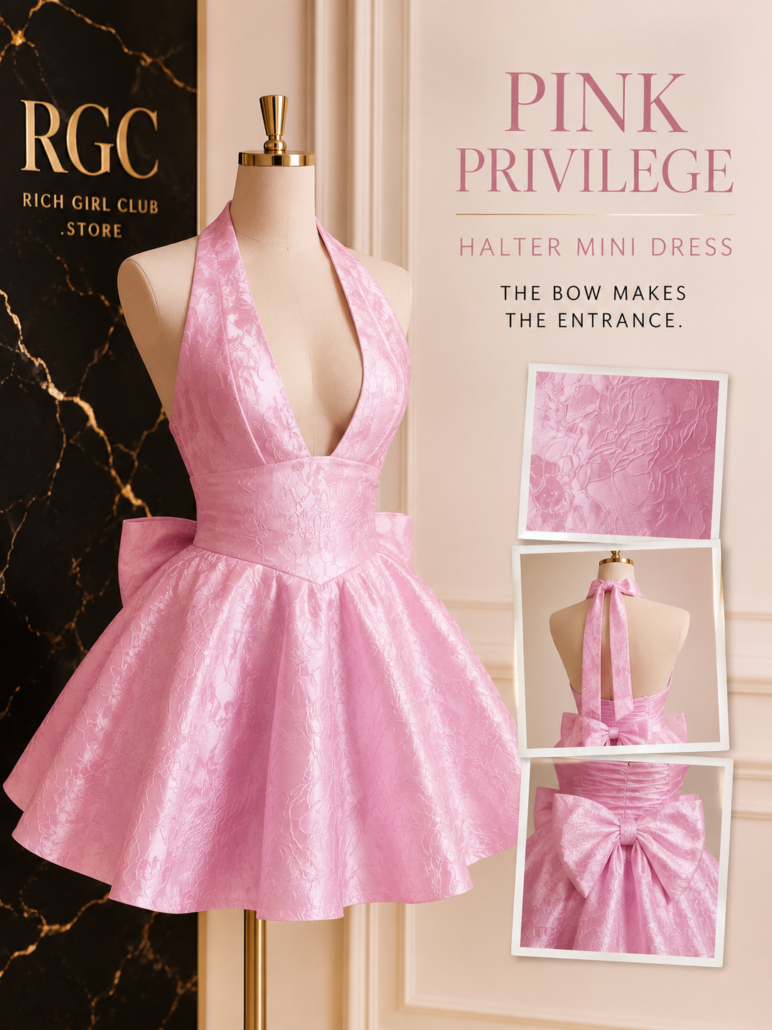 RGC mannequin detail campaign for the Pink Privilege Halter Mini Dress