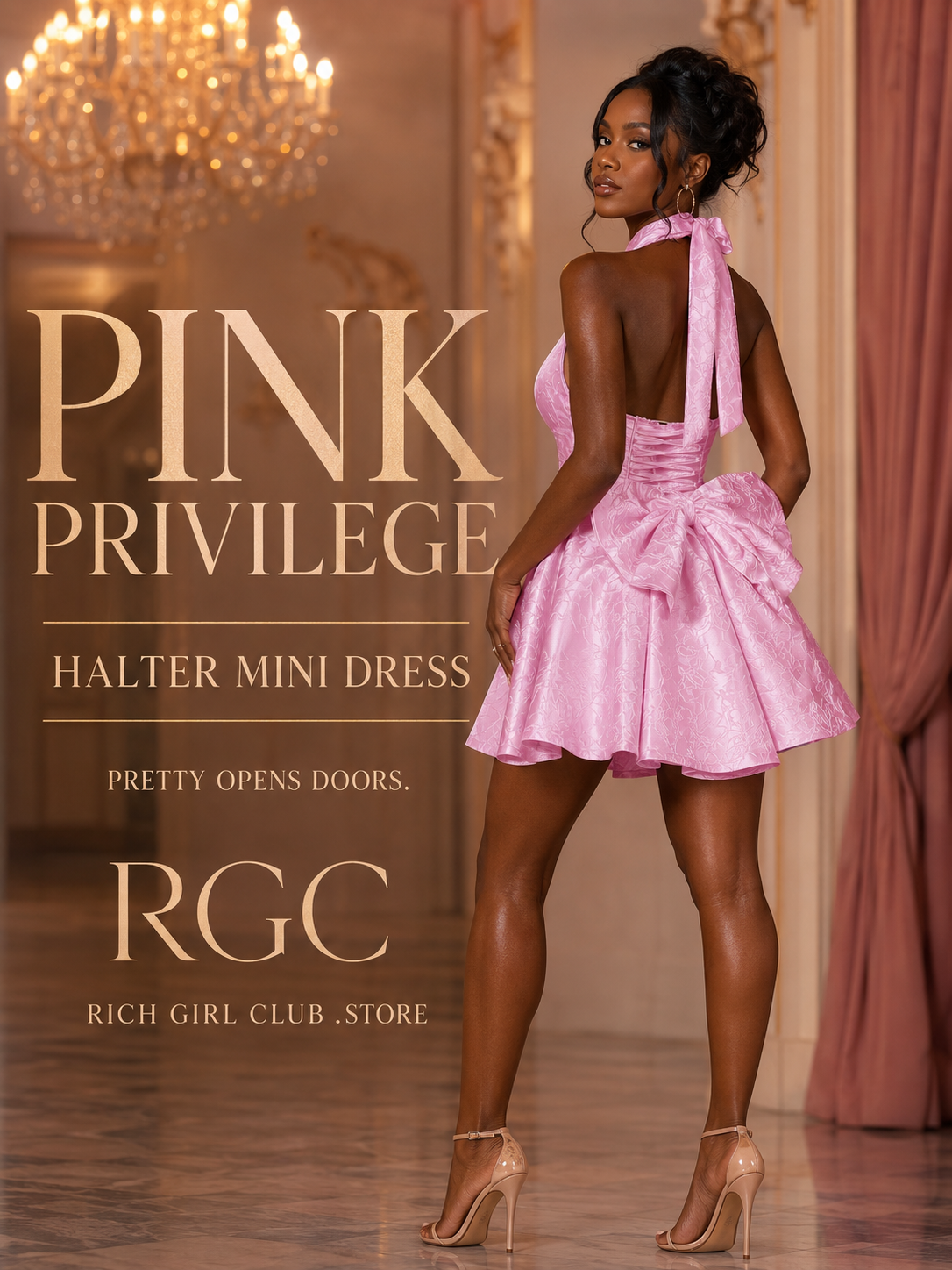 RGC model campaign for the Pink Privilege Halter Mini Dress
