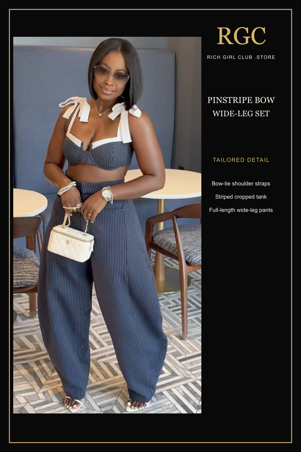 RGC detail presentation of the Pinstripe Bow Wide-Leg Set showing bow-tie straps, striped cropped tank, and wide-leg pants.